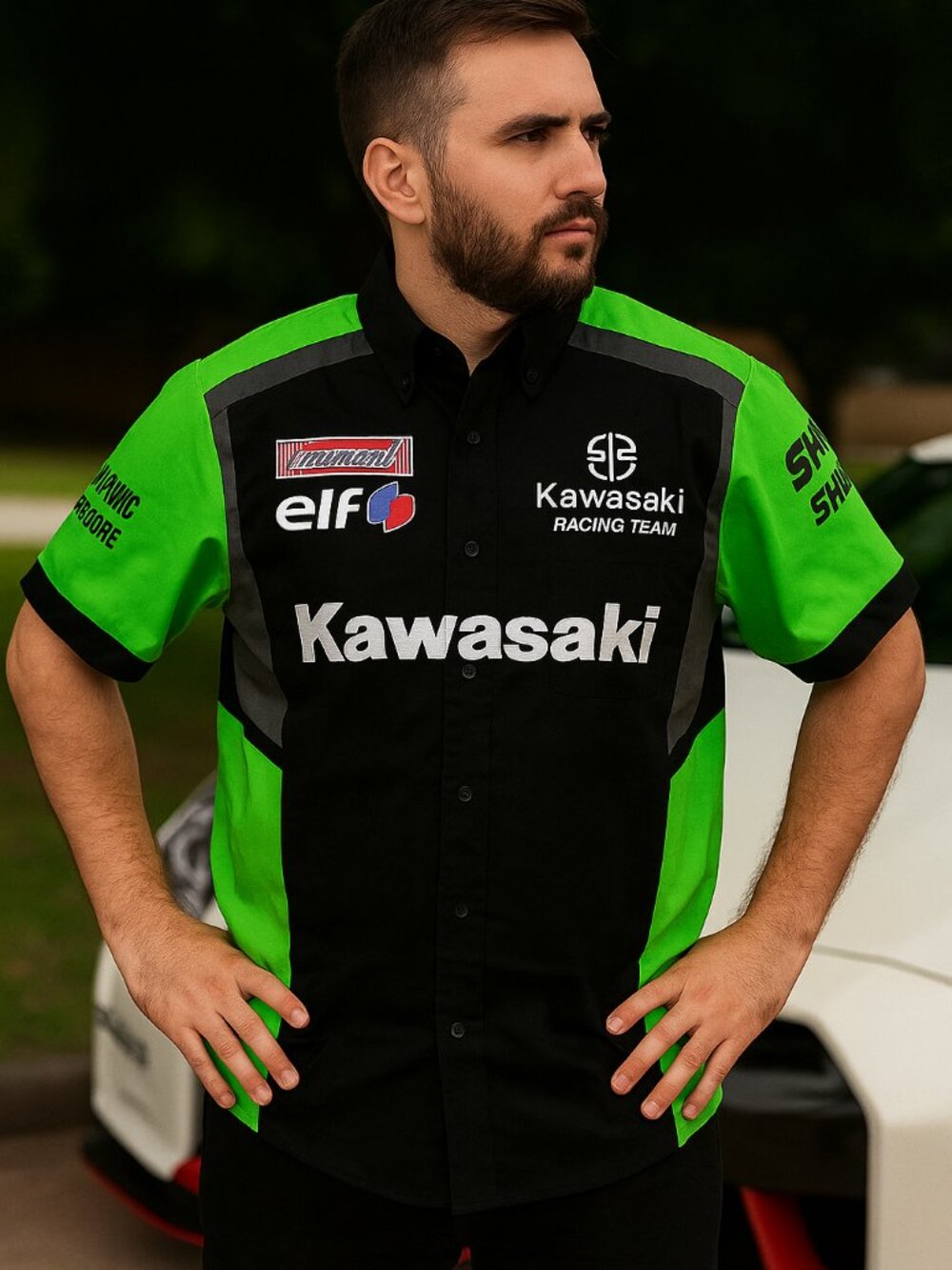 Racing Team Shirt Kawasaki Motocross Green Black Button-Up | Size 2XL